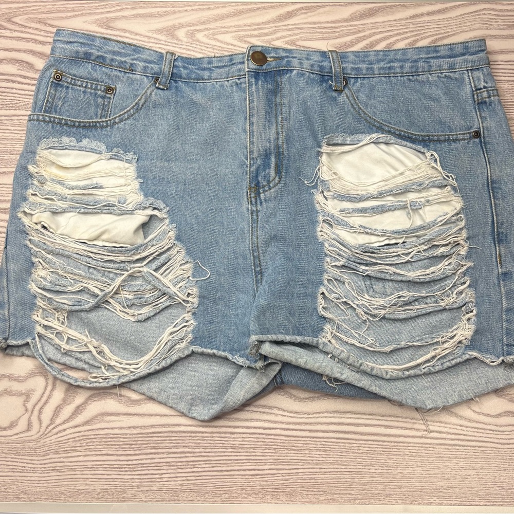 Boohoo Ripped Light Blue Jean Shorts